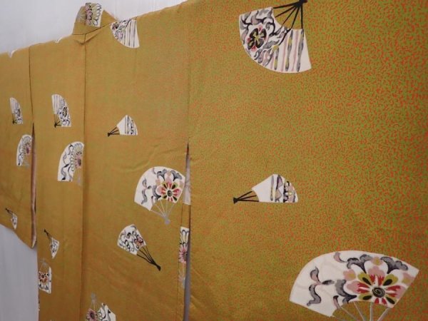 Photo2: 6009T05z520 Vintage Japanese Kimono Silk HAORI Folding fan Yellow ochre (2)