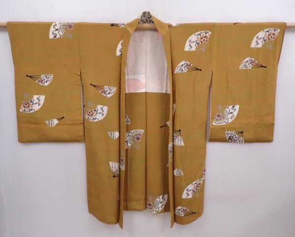 Photo5: 6009T05z520 Vintage Japanese Kimono Silk HAORI Folding fan Yellow ochre (5)