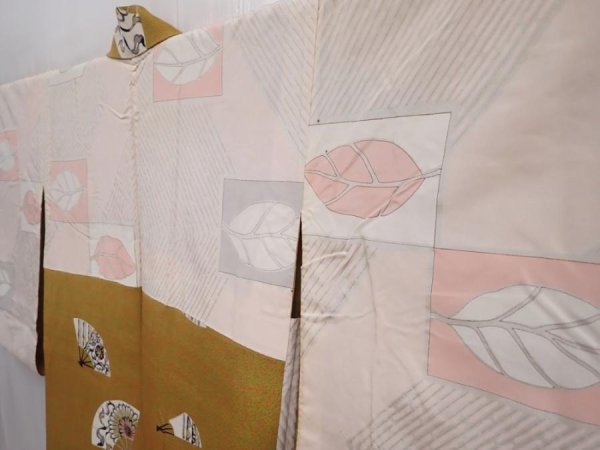 Photo7: 6009T05z520 Vintage Japanese Kimono Silk HAORI Folding fan Yellow ochre (7)