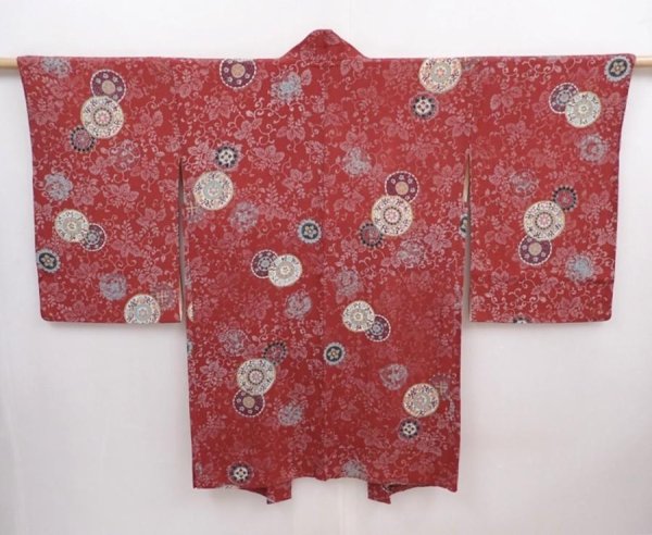 Photo1: 6009T06z470 Vintage Japanese Kimono Silk HAORI Flowers Red-Brown (1)