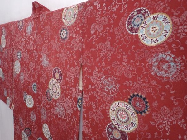 Photo2: 6009T06z470 Vintage Japanese Kimono Silk HAORI Flowers Red-Brown (2)