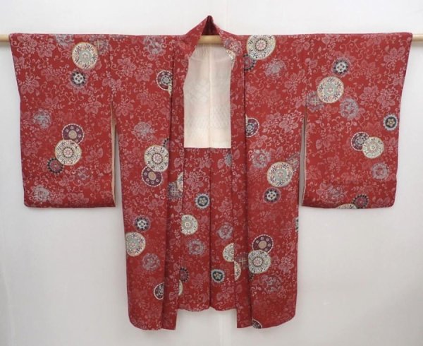 Photo5: 6009T06z470 Vintage Japanese Kimono Silk HAORI Flowers Red-Brown (5)