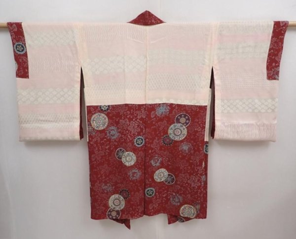 Photo6: 6009T06z470 Vintage Japanese Kimono Silk HAORI Flowers Red-Brown (6)