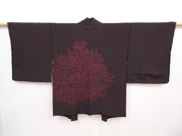 Photo1: 6009T07z610 Vintage Japanese Kimono Silk HAORI Flowers Dark brown (1)