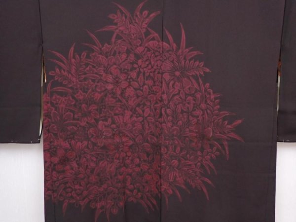 Photo3: 6009T07z610 Vintage Japanese Kimono Silk HAORI Flowers Dark brown (3)