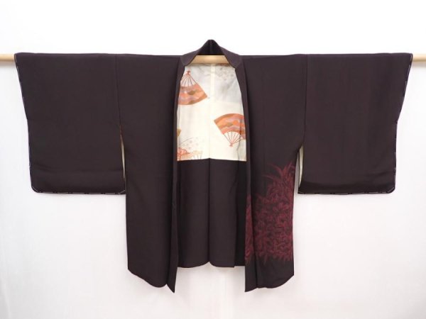 Photo5: 6009T07z610 Vintage Japanese Kimono Silk HAORI Flowers Dark brown (5)