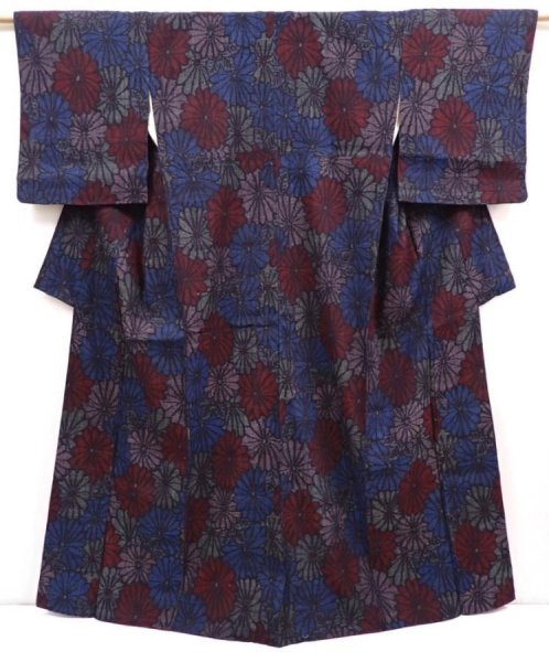 Photo1: 6009T09z830 Vintage Japanese Kimono Silk TSUMUGI Chrysanthemum Dark blue (1)