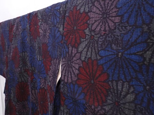 Photo2: 6009T09z830 Vintage Japanese Kimono Silk TSUMUGI Chrysanthemum Dark blue (2)