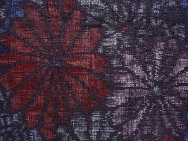 Photo6: 6009T09z830 Vintage Japanese Kimono Silk TSUMUGI Chrysanthemum Dark blue (6)