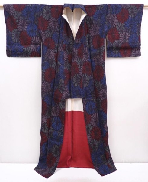 Photo8: 6009T09z830 Vintage Japanese Kimono Silk TSUMUGI Chrysanthemum Dark blue (8)