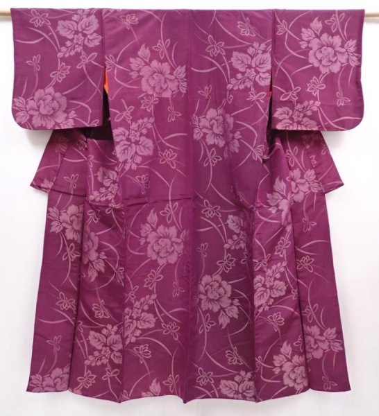 Photo1: 6009T10z570 Antique Japanese Kimono Silk TSUMUGI Peony Dull purple (1)