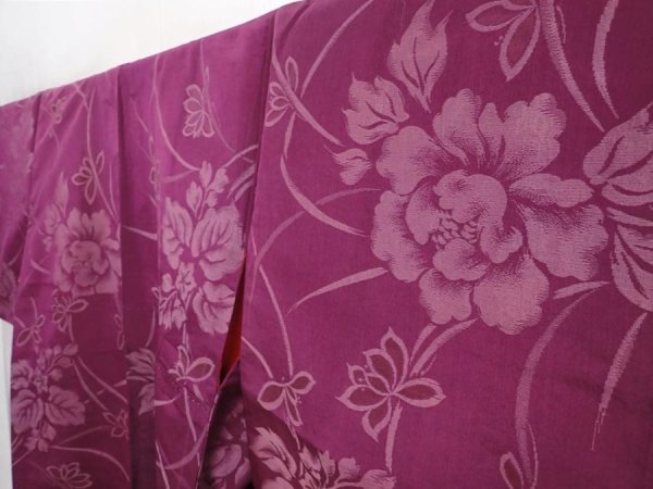 Photo2: 6009T10z570 Antique Japanese Kimono Silk TSUMUGI Peony Dull purple (2)