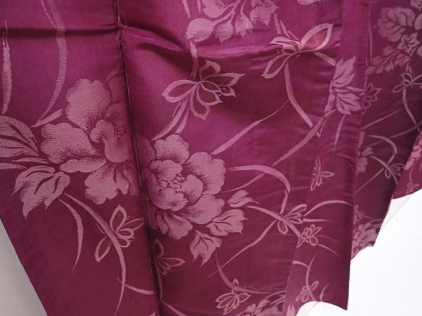 Photo3: 6009T10z570 Antique Japanese Kimono Silk TSUMUGI Peony Dull purple (3)