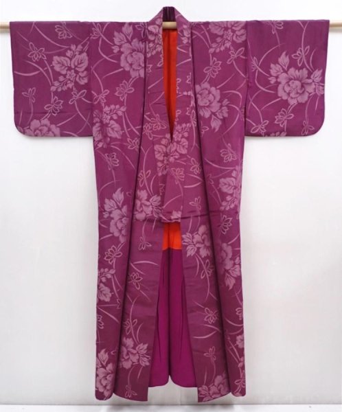 Photo8: 6009T10z570 Antique Japanese Kimono Silk TSUMUGI Peony Dull purple (8)
