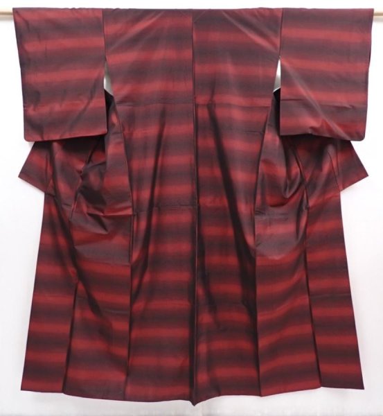 Photo1: 6009T11z650 Vintage Japanese Kimono Silk TSUMUGI  Dark red (1)