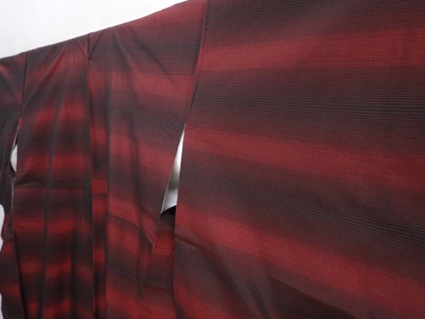 Photo2: 6009T11z650 Vintage Japanese Kimono Silk TSUMUGI  Dark red (2)