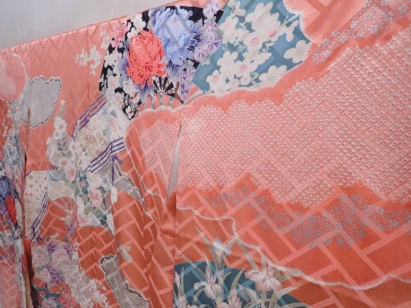 Photo2: 6009T12z1130 Vintage Japanese Kimono Silk FURISODE Folding fan Coral pink (2)