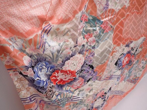 Photo3: 6009T12z1130 Vintage Japanese Kimono Silk FURISODE Folding fan Coral pink (3)