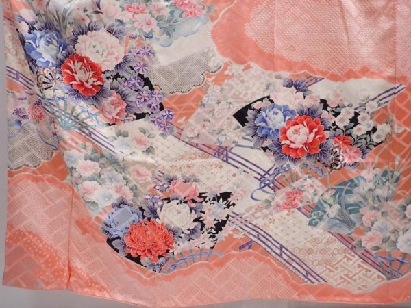 Photo5: 6009T12z1130 Vintage Japanese Kimono Silk FURISODE Folding fan Coral pink (5)