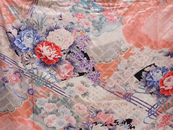 Photo8: 6009T12z1130 Vintage Japanese Kimono Silk FURISODE Folding fan Coral pink (8)