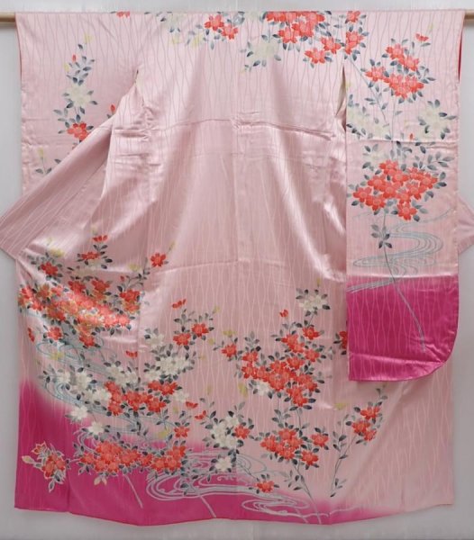 Photo1: 6009T13z1000 Vintage Japanese Kimono Silk FURISODE Flowers Pink (1)