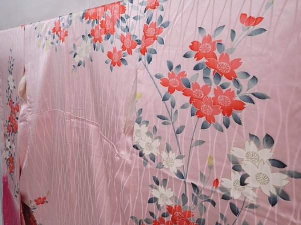 Photo2: 6009T13z1000 Vintage Japanese Kimono Silk FURISODE Flowers Pink (2)