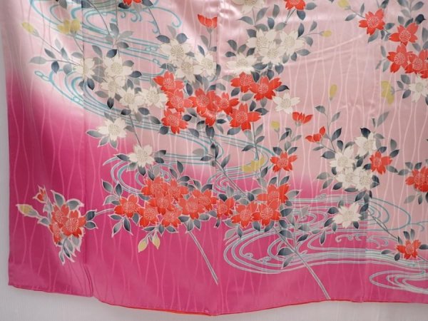 Photo6: 6009T13z1000 Vintage Japanese Kimono Silk FURISODE Flowers Pink (6)