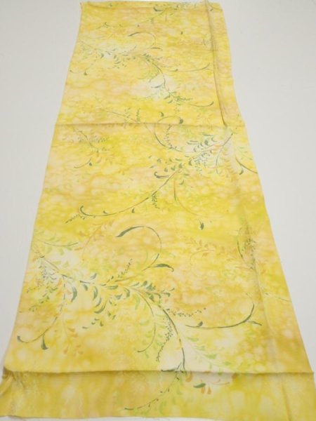 Photo5: 3Q01z60  Japanese Kimono Silk  FABRIC Plants Yellow 40.9x14.8 (5)