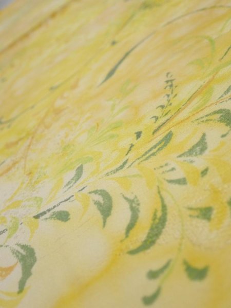 Photo4: 3Q02z60  Japanese Kimono Silk  FABRIC Plants Yellow 40.9x14.8 (4)