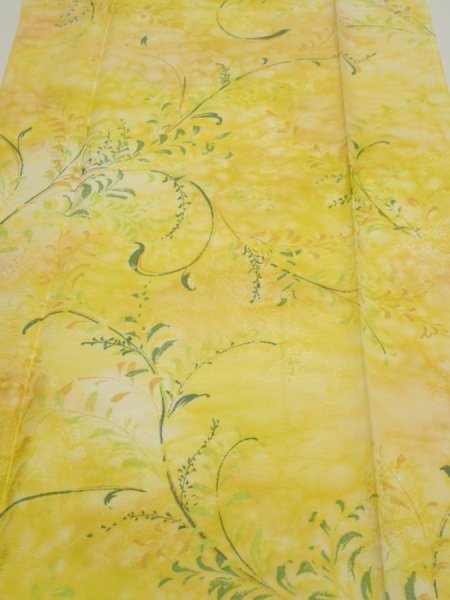 Photo1: 3Q05z90  Japanese Kimono Silk  FABRIC Plants Yellow 65.4x15.0 (1)
