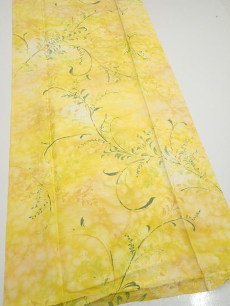 Photo2: 3Q05z90  Japanese Kimono Silk  FABRIC Plants Yellow 65.4x15.0 (2)