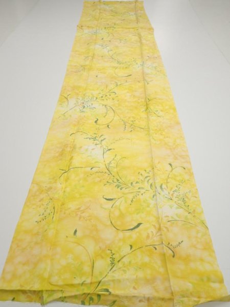 Photo5: 3Q05z90  Japanese Kimono Silk  FABRIC Plants Yellow 65.4x15.0 (5)