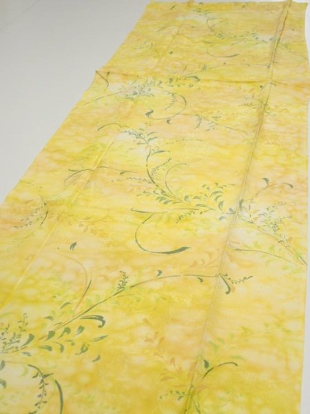 Photo3: 3Q06z90  Japanese Kimono Silk  FABRIC Plants Yellow 65.4x15.0 (3)