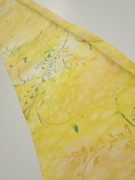 Photo1: 3Q07z40  Japanese Kimono Silk  FABRIC Plants Yellow 59.8x7.5 (1)