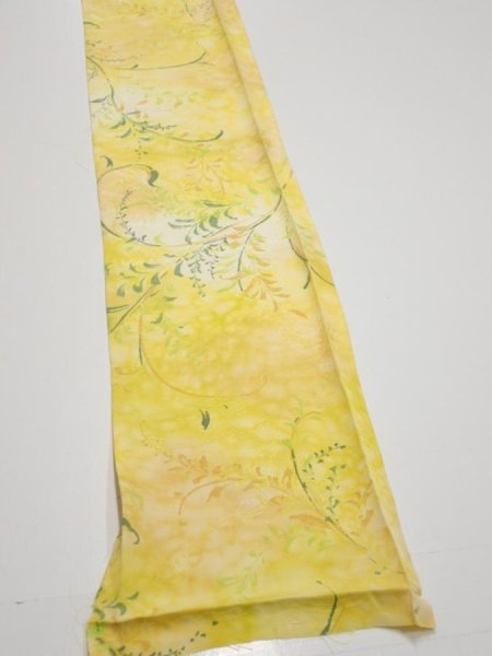 Photo2: 3Q07z40  Japanese Kimono Silk  FABRIC Plants Yellow 59.8x7.5 (2)