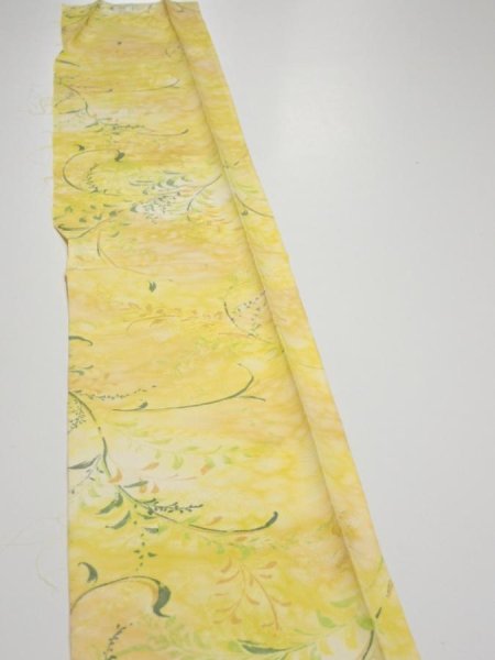 Photo3: 3Q07z40  Japanese Kimono Silk  FABRIC Plants Yellow 59.8x7.5 (3)