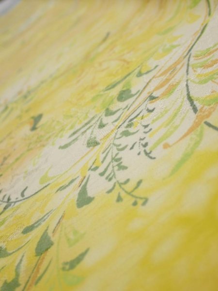 Photo4: 3Q07z40  Japanese Kimono Silk  FABRIC Plants Yellow 59.8x7.5 (4)