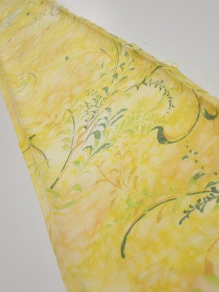 Photo1: 3Q08z40  Japanese Kimono Silk  FABRIC Plants Yellow 59.8x7.5 (1)