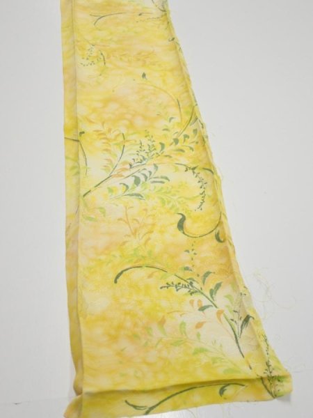 Photo2: 3Q08z40  Japanese Kimono Silk  FABRIC Plants Yellow 59.8x7.5 (2)