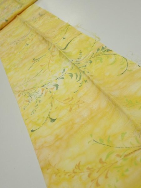 Photo1: 3Q09z60  Japanese Kimono Silk  FABRIC Plants Yellow 84.3x7.3 (1)