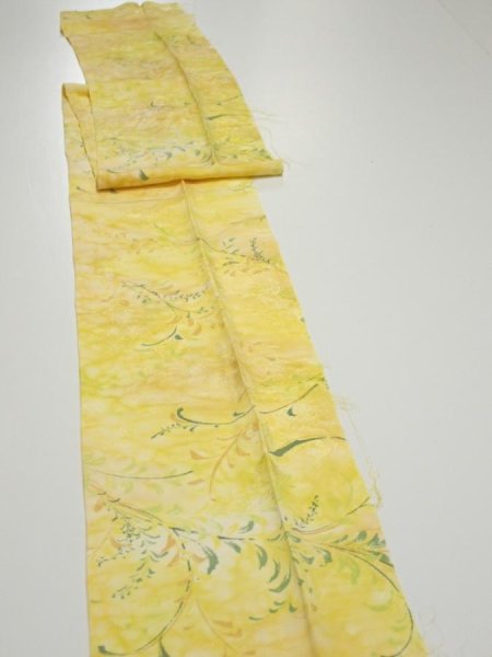 Photo3: 3Q09z60  Japanese Kimono Silk  FABRIC Plants Yellow 84.3x7.3 (3)
