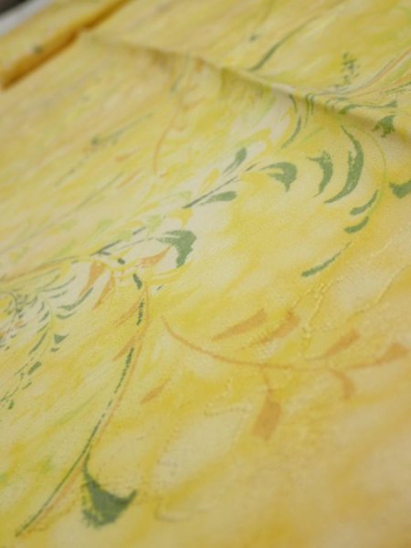 Photo4: 3Q09z60  Japanese Kimono Silk  FABRIC Plants Yellow 84.3x7.3 (4)