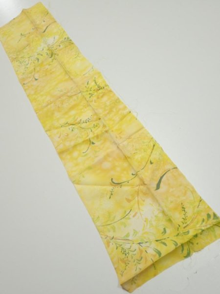 Photo1: 3Q10z30  Japanese Kimono Silk  FABRIC Plants Yellow 34.6x7.3 (1)