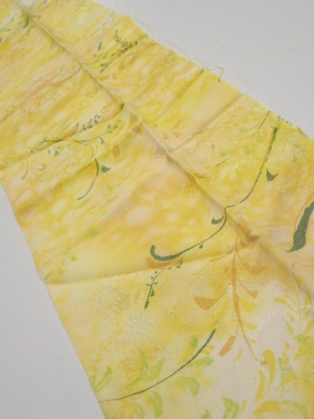 Photo2: 3Q10z30  Japanese Kimono Silk  FABRIC Plants Yellow 34.6x7.3 (2)