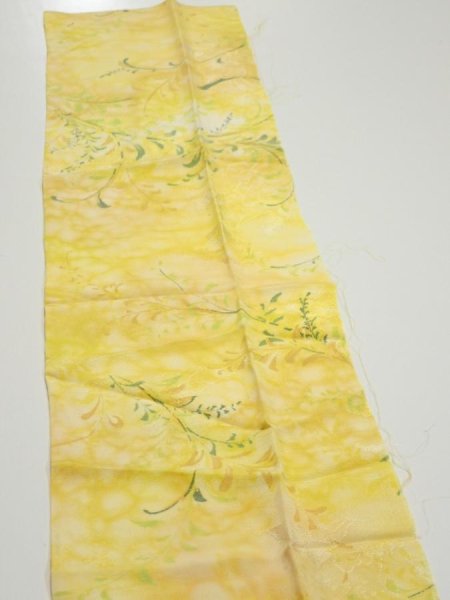 Photo4: 3Q10z30  Japanese Kimono Silk  FABRIC Plants Yellow 34.6x7.3 (4)