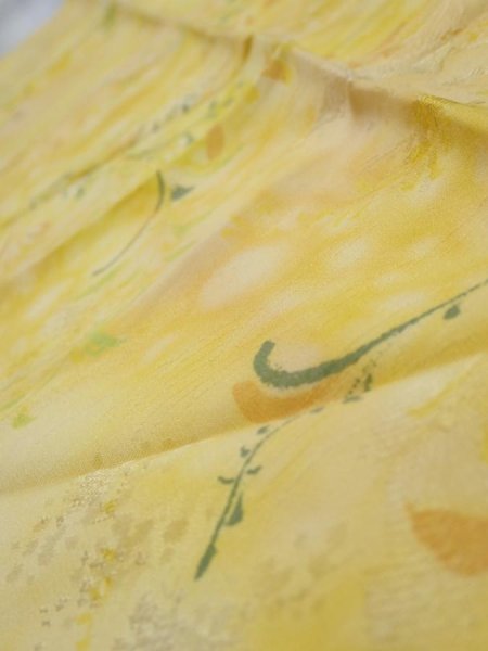 Photo5: 3Q10z30  Japanese Kimono Silk  FABRIC Plants Yellow 34.6x7.3 (5)