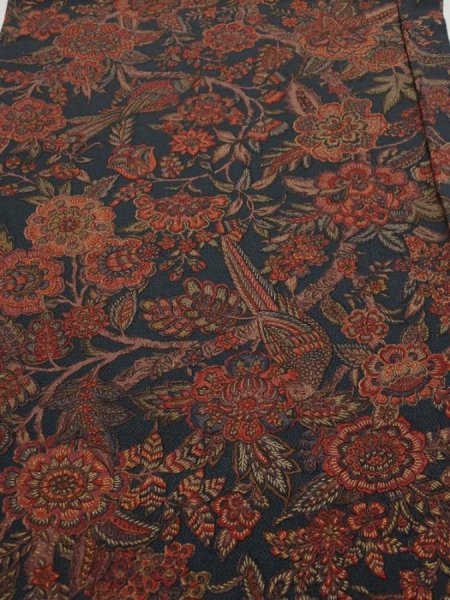 Photo1: 3Q02z70  Japanese Kimono Crepe Silk  FABRIC Flowers Green-Gray 43.3x14.6 (1)