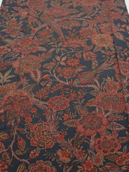 Photo1: 3Q03z110  Japanese Kimono Crepe Silk  FABRIC Flowers Green-Gray 69.3x14.6 (1)