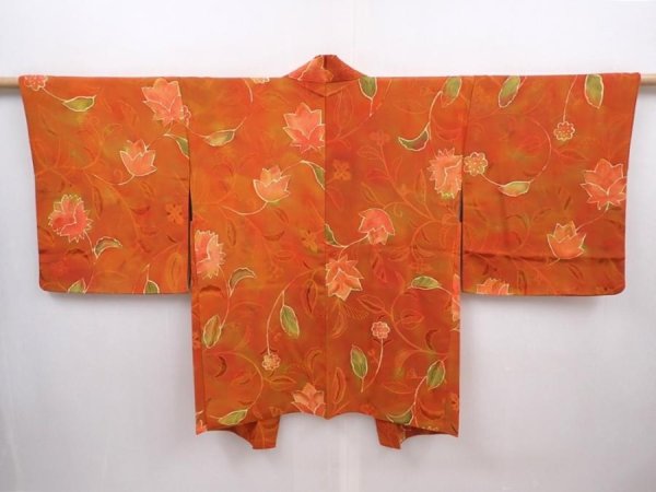 Photo1: 6010T01z530 Vintage Japanese Kimono Silk HAORI Flowers Dark orange (1)