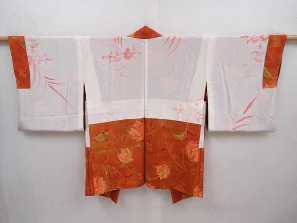 Photo6: 6010T01z530 Vintage Japanese Kimono Silk HAORI Flowers Dark orange (6)